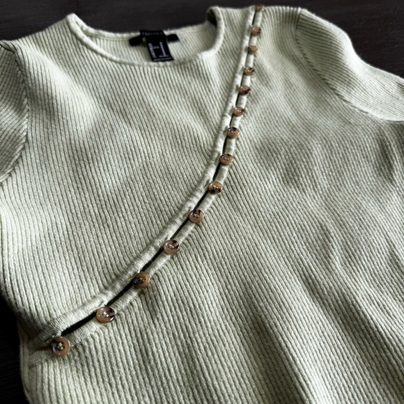Knit Ribbed Short Sleeve Green Button Cut Out Sweater M - Picture 4 of 10